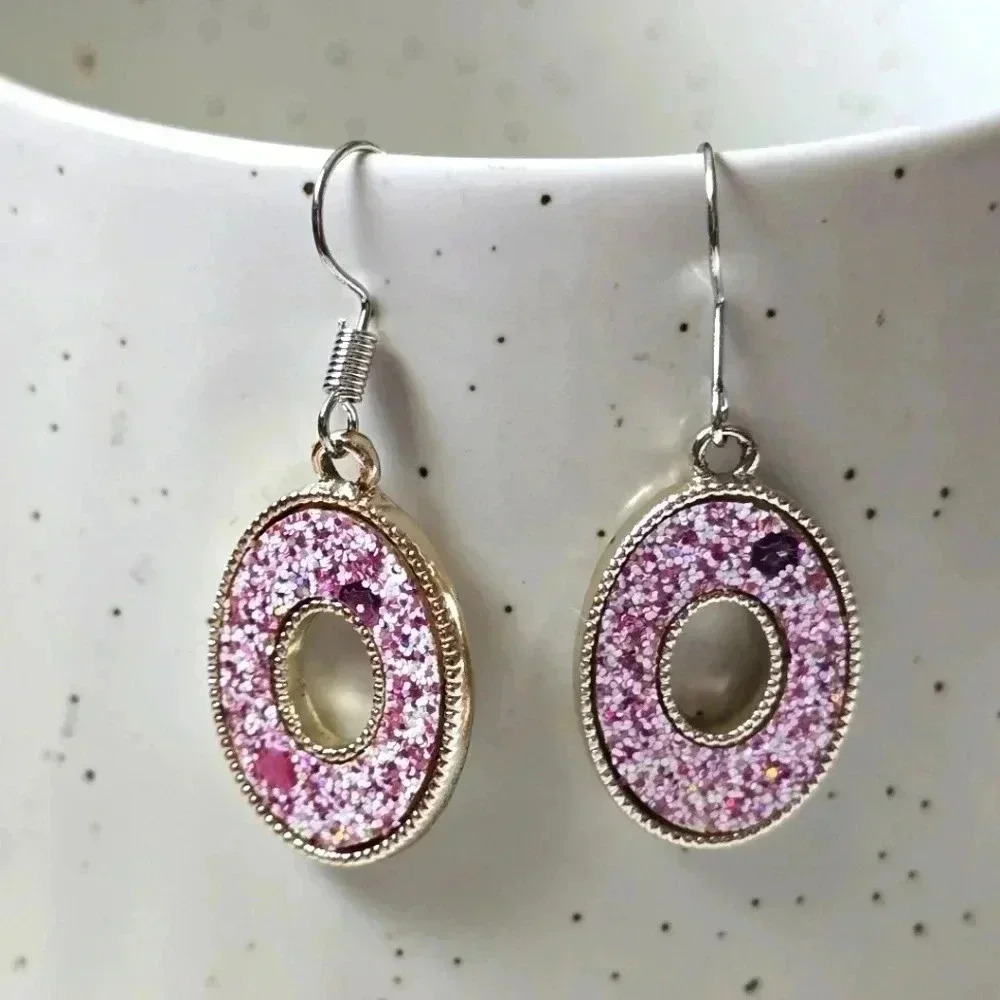Purple Silver Glitter Oval‎ Hook Dangle Boho Retro Fashion Earrings E93